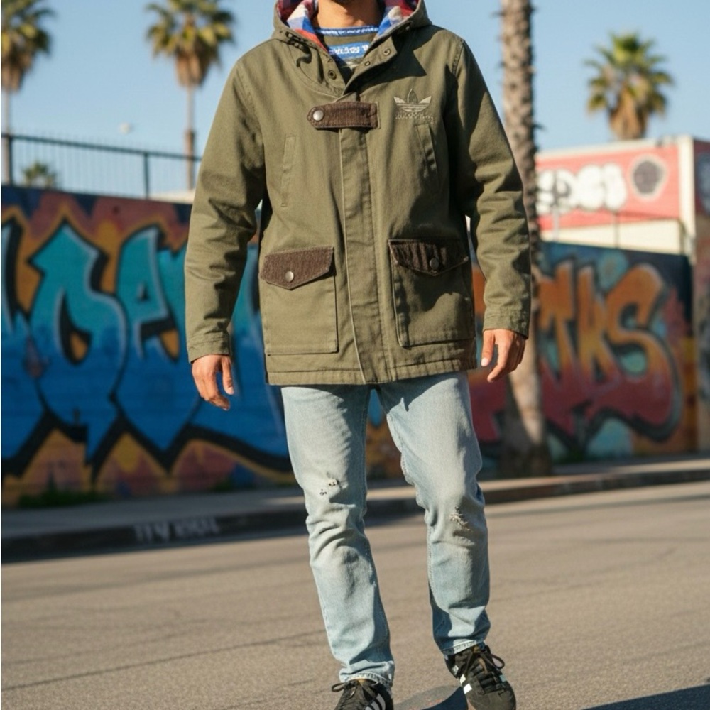 Adidas Skateboarding Jacket Olive Green Hooded Men's Size M Lightweight Utility